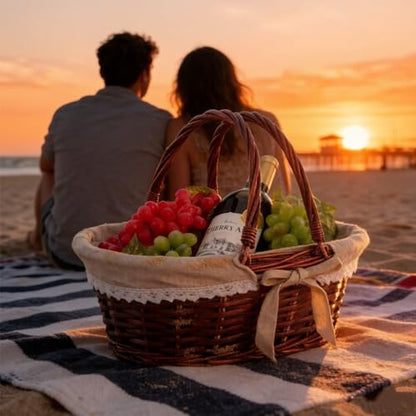 Dicunoy Wicker Basket with Handle, Picnic Baskets with Liner, Empty Gift Gardening Baskets for Harvesting, Willow Organizer Storage Basket for Fruit, Candy, Wine, Gathering, Wedding