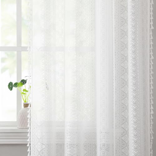White Boho Sheer Lace Window Curtains with Tassel, 40" Wx84 Lx2 - color: White, size: 40"W x 84"L (Pack of 2)