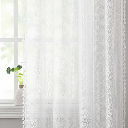 White Boho Sheer Lace Window Curtains with Tassel, 40" Wx54 Lx2 - color: White, size: 40"W x 54"L (Pack of 2)