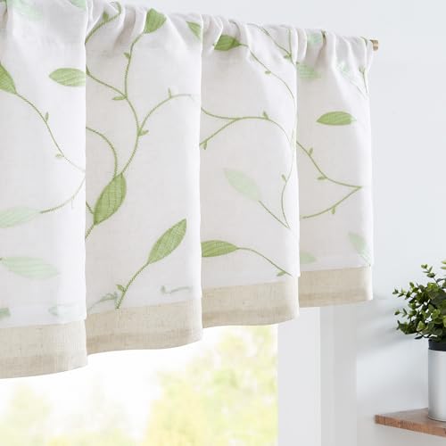 jinchan Sheer Valance Curtain Sage Green Leaf Embroidered 18 Inch 1 Panel - color: Leaves | Green on White