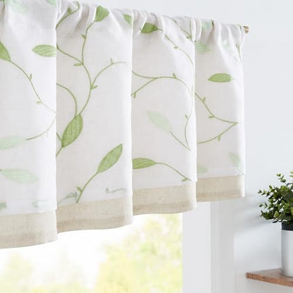 jinchan Sheer Valance Curtain Sage Green Leaf Embroidered 18 Inch 1 Panel - color: Leaves | Green on White