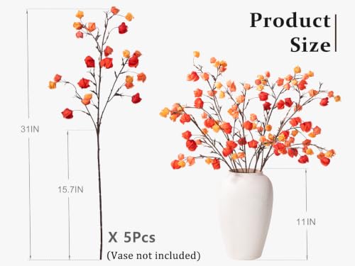 Fall Physalis Branches - 37" Faux Red Berry Stems, fake Flowers for Vase - color: 5pcs Physalis