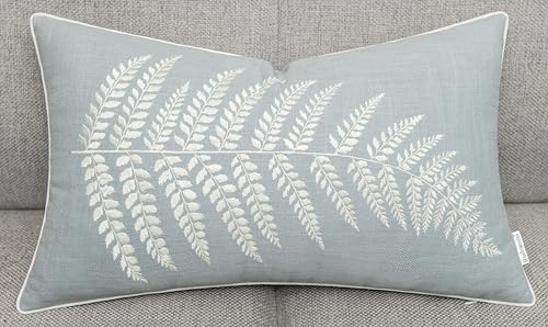 Rudransha Botanical Fern Leaf Embroidery Lumbar Pillow Cover - 12x18 Robin’s Egg Cotton - color: Robins Egg-ferny, size: 18" x 12" (Pack of 1)