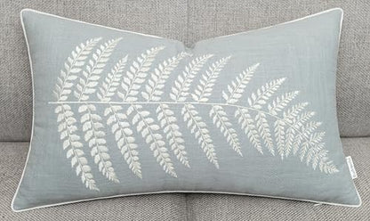 Rudransha Botanical Fern Leaf Embroidery Lumbar Pillow Cover - 12x18 Robin’s Egg Cotton - color: Robins Egg-ferny, size: 18" x 12" (Pack of 1)