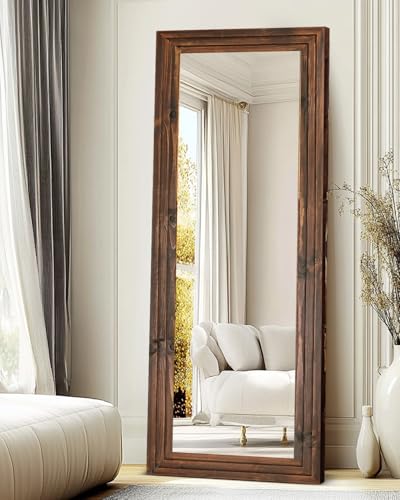 65x24in Full Length Mirror, 3-Tier Stepped Solid Wood Frame, Brown - color: Brown, size: 65"L x 24"W