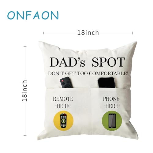 ONFAON Father's Day Throw Pillow Case, Dad's Spot Throw Pillow Covers 18 x 18 Inch，Dad Gifts from Daughter Son，Birthday Christmas Thanksgiving Day Gifts for Papa Stepdad ，2-Pocket - color: Dad 2-pocket