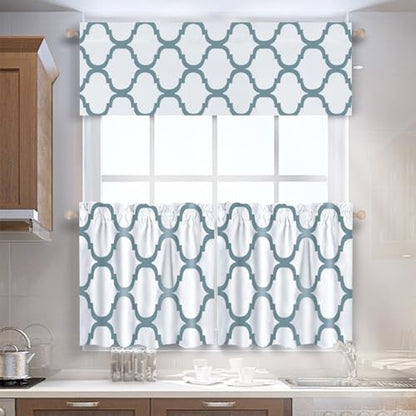 Melodieux Moroccan Fashion Room Darkening Rod Pocket Window Curtain Valance, 52 by 18 Inch, Off White/Dusty Teal (1 Panel) - color: Off White/Dusty Teal, size: 52"W x 18"L (Pack of 1)