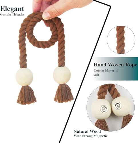 4 Pack Magnetic Curtain Tiebacks Cotton Hand Woven Tie Back Decorative Rope Holdbacks for Curtains Draperies No Tools Required, Khaki - color: Khaki