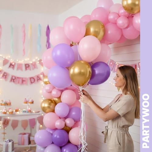 PartyWoo Pink Purple and Gold Balloons 66pcs 12 Inch Pink Purple Balloons - color: Pink & Gold & Purple