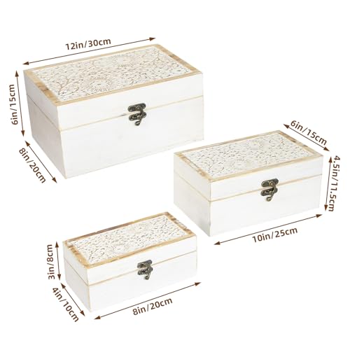 Set of 3 Decorative Wooden Boxes, Rustic Farmhouse Keepsake Box Decorative Boxes with Hinged Lid and Floral Carved Design, Wood Storage Box for Home Decor, White - color: White - 3PCS