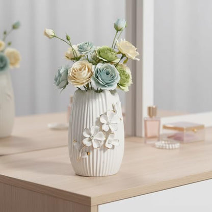 White Ceramic Vase,7 Inch Textured Modern Flower Vase - color: White, size: 7 inch