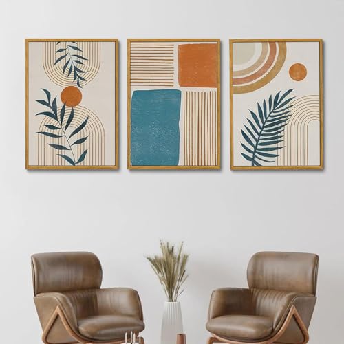 Boho Abstract Botanical Framed Canvas Wall Art Set of 3, 16x24 inch - color: Boho Blue, size: 16"x24"Natural