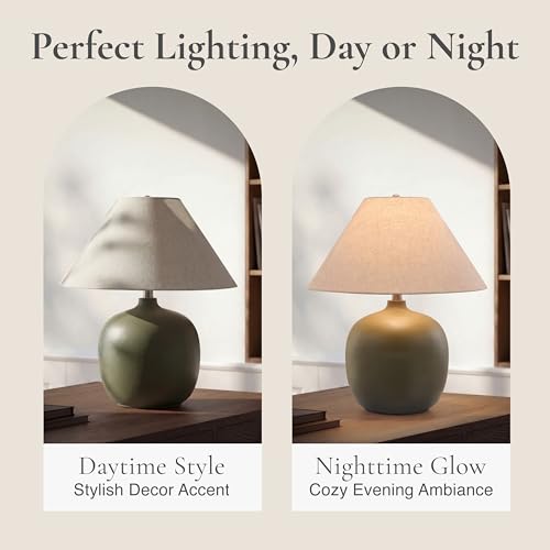 Abani Madeline 20” Table Lamp – Green Ceramic Base with Wheat Linen Tapered Shade, E26 2-Way Bulb Included – Modern Bedside Lamp for Bedroom, Living Room or Nightstand