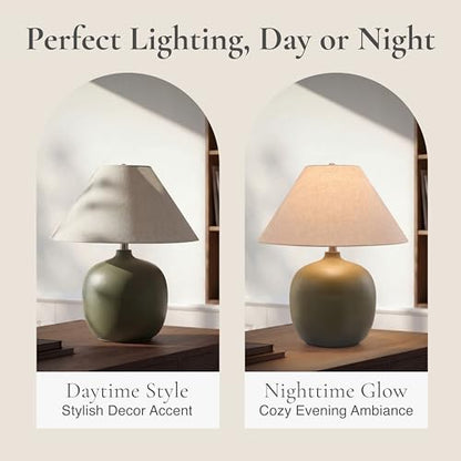 Abani Madeline 20” Table Lamp – Green Ceramic Base with Wheat Linen Tapered Shade, E26 2-Way Bulb Included – Modern Bedside Lamp for Bedroom, Living Room or Nightstand