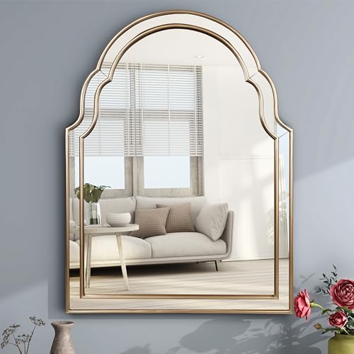 SHYFOY Gold Mirror for Wall, 23.6 X 31.5 Arched Decorative Wall Mirrors Hogan for Living Room Decor Large Vintage Mantel Mirror Big Scalloped Mirror