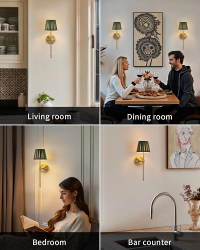 KDG Gold Cordless Wall Sconces Set of 2, Green Fabric LED Wall Lamps - color: Gold + Green Lampshde (2 Pack)