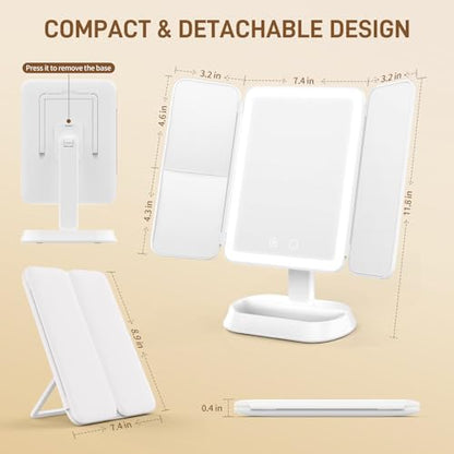 FRANO Trifold Makeup Mirror with Light, 3X/5X Magnifying Vanity Mirror, - color: White