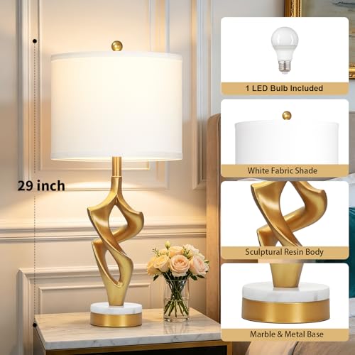 Ruzectt 29" Tall Gold Table Lamp for Living Room, 3 Color Temperatures Bedside Lamp for Bedroom Nightstand, Modern Sculptural Resin Lamp with Marble and Metal Base (1 LED Bulb Included) - color: White & Gold (1 Pack)