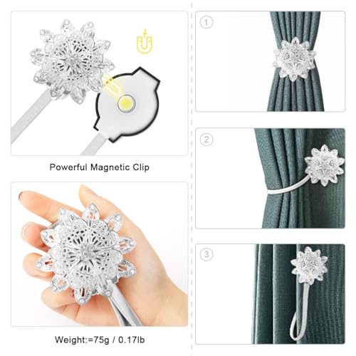 AULEEP Magnetic Curtain Tiebacks Crystal Curtain Ties Holdbacks, 4 Pack