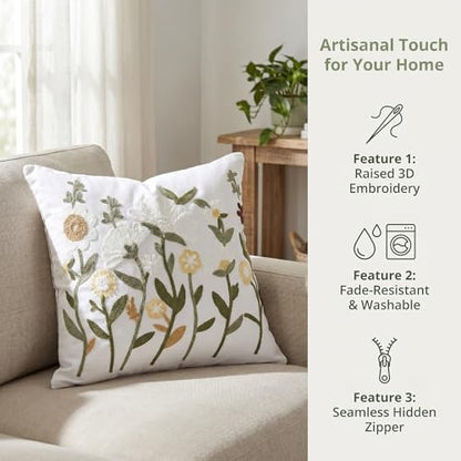 Neutral Daisy Floral Embroidered Pillow Covers 18x18 Set of 2 - color: White Green Camel, size: 18" x 18" (Pack of 2)