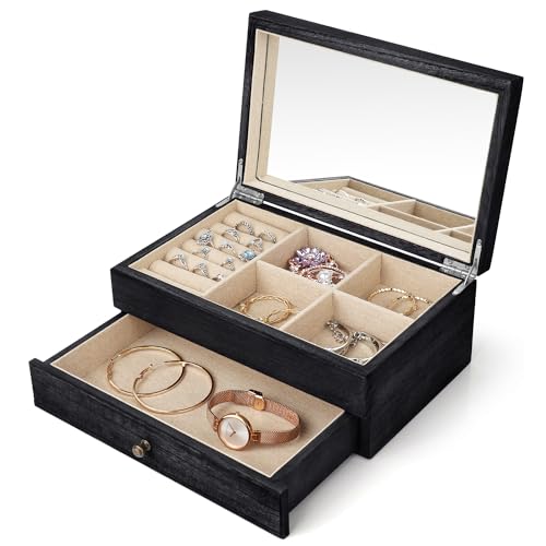 Meangood Jewelry Box Organizer for Women, 2 Layer Large Jewelry Storage Case, Rustic Wooden Jewelry Box with Mirror & Ring Tray for Necklace Earring Bracelets Rings, Vintage Style (Black) - color: Black, size: 1-Drawer