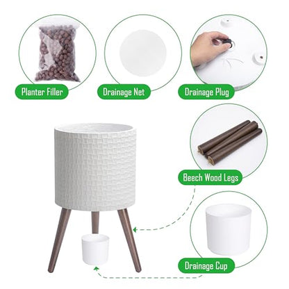D'vine Dev Planter Pot with Wood Stand, 12 in, Matte White, 88-Z-C-1 - color: Matte White, size: Large