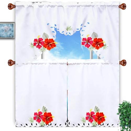 Simhomsen Embroidered Tropical Palm Leaves and Hibiscus Flower Kitchen Window Curtain Swag and Tiers Set for Hawaiian Luau Party, Paradise Jungle Beach Themed Party (Tropical) - color: Tropical