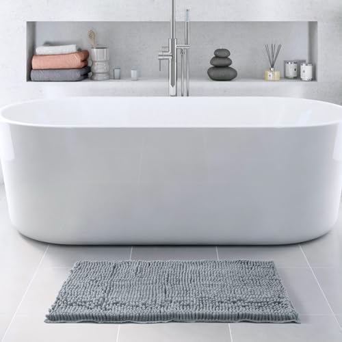 FRESHMINT Chenille Bathroom Rugs Non-Slip Bath Mat 32"x20", Washable Soft Shower Mat, for Bathroom Floor & Tub Fluffy Shag Bath Rugs, Durable Thick Water Absorbent Microfiber Shower Rugs, Sky Gray - color: Sky Gray, size: 1'8" x 2'8" (Rectangular)