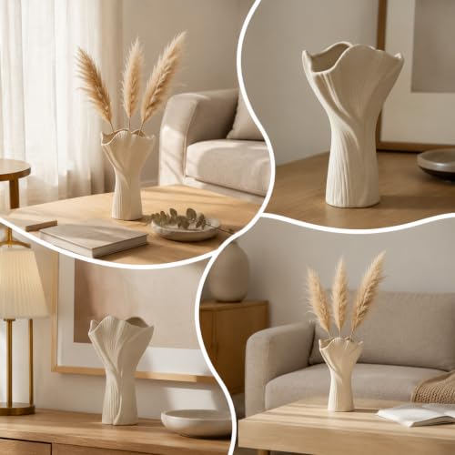 Flower vase, Ceramic vase, Textured White Ceramic Vase, Modern Wave Shaped Decorative Vase for Home Tabletop Living Room Centerpiece Decor