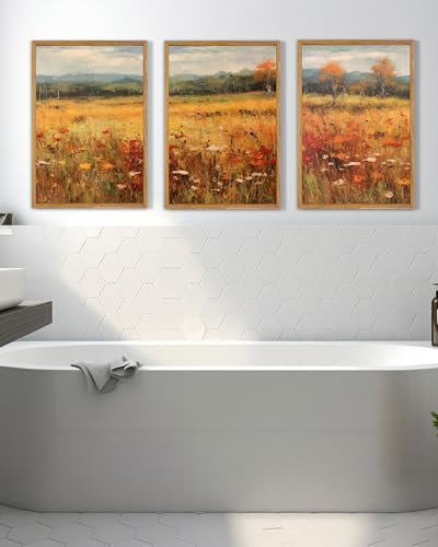 UPWOIGH Autumn Meadow Framed Wall Art Set of 3, 16 x 24 Inch - color: Gold Autumn, size: 24"L x 16"W