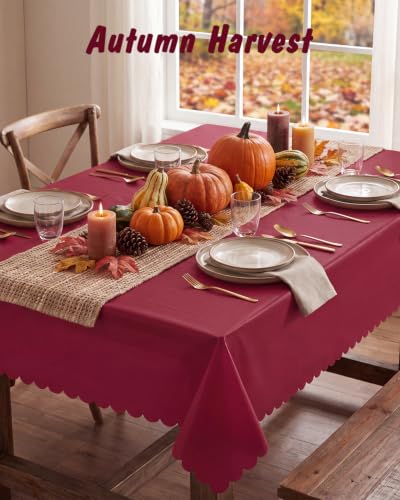 NatNarr 3 Pcs Burgundy Tablecloths, Scalloped Rectangle Maroon Table Cloths - color: Burgundy, size: 3 Pack