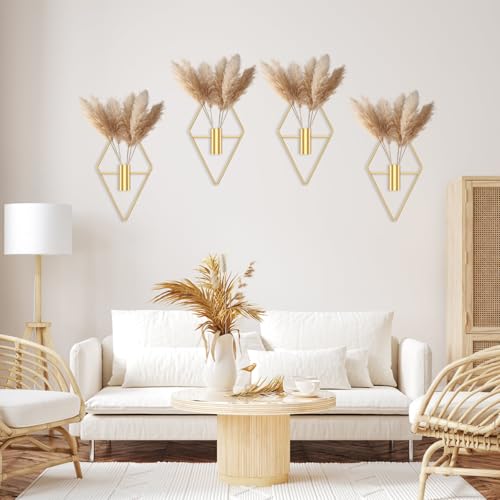 4Pcs Hanging Vase Wall Décor Metal Eucalyptus Wall Art Modern Diamond Shape Geometric Room Ornament for Living Room Balcony