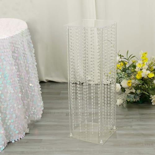 Efavormart 32" Heavy Duty Acrylic Flower Pedestal Vase with Hanging Crystal Beads, Clear Pillar Stand Wedding Table Centerpieces with Pre-Chained Garlands - 5mm Thick Plates - size: 32‘’x11''