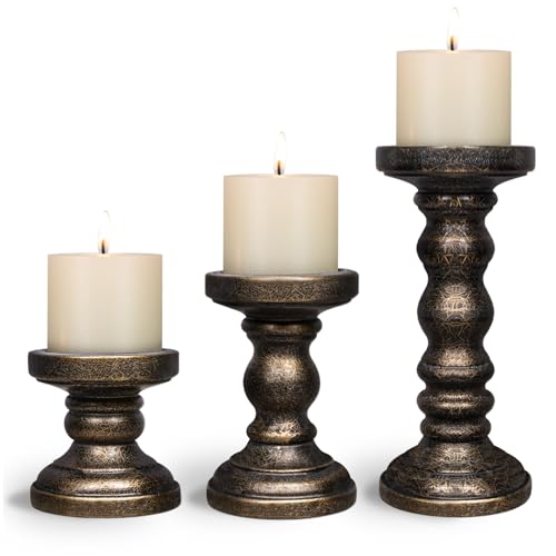 Candle Holder for Pillar Candle Set of 3, Farmhouse Wood Candle Holder, Rustic Wooden Candle Stand, Vintage Tall Candle Stand Decorative for Living Room, Table Centerpiece, Black Gold - color: Black Gold