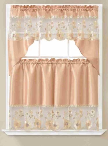 Generic 3-Piece Set Embroidered Window Curtain 2 Panels 1 Valance for Kitchen Restaurant Bar BR (Gold BR-03) - color: Gold Br-03