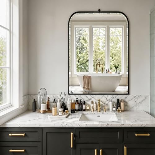 POZINO 30"x20" Premium Rectangle Round Corner Bathroom Beveled Mirror - color: Black Arch, size: 30"L x 20"W