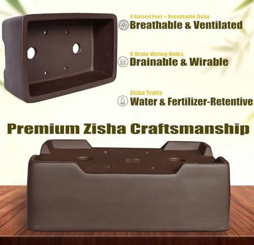 MUZHI Unglazed Zisha Bonsai Pot with Humidity Tray, Rectangle Bonsai Tree Planter with Drainage for Ficus, Succulent etc. (Classic Rectangle) - style: Classic Rectangle