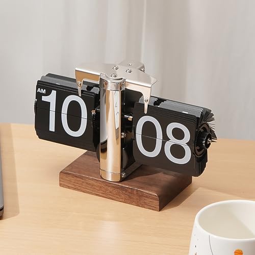 VBESTLIFE Retro Digital Flip Down Clock, Battery Powered Internal Gear Operated Clock, Classic Mechanical, Black Walnut Base, for Home & Office Decor (Silver) - color: Silver