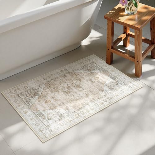 Uphome Boho Bathroom Rugs, Distressed Farmhouse Light Khaki Bath Mat, Comfy Velvet Small Bath Rugs Non Slip Washable, Vintage Oriental Toilet Rug for Sink Shower Vanity, 20x32 inch - color: Light Khaki, size: 20 x 32 inch (Rectangular)