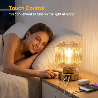 Elenhome Touch Small Table Lamp,Elegant Gold Glass Bedside Lamp 3 Way Dimmable with USB C+A Charging Ports - Bedroom Nightstand & Living Room Essential, 4W Bulb Included (Gold) - color: Gold