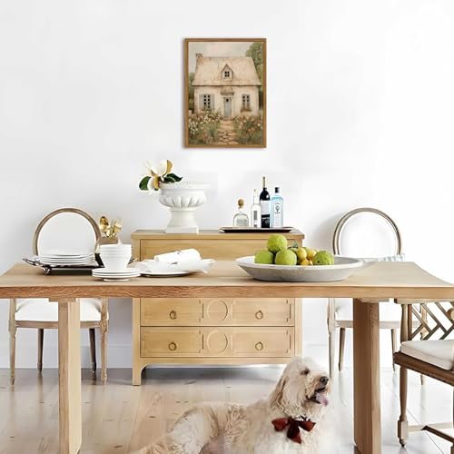 Vintage French Country Wall Art, Modern Farmhouse Wall Decor Painting, Rustic Cottage House Poster Canvas Prints Countryside Landscape Artwork for Bedroom Living Room 12x16 inch Wood Framed - color: color house C, size: 16"L x 12"W