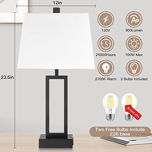 23.5" Touch Control Table Lamps Set of 2, Bedside Lamp with 2 USB Ports & AC Outlet, 3-Way Dimmable Nightstand Lamp with White Linen Shade for Living Room Bedroom End Table Office(2 LED Bulb Included) - color: White - 23.5"H