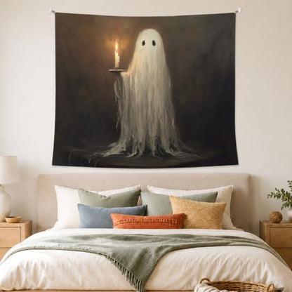 AHNWICNR Ghost Halloween Tapestry, Dark Moody Cute Ghost Wall Hanging Decor - color: Ghost Candle
