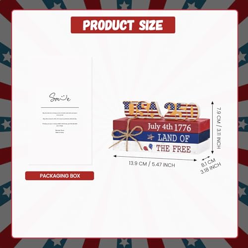 Smile 7월 4일 250주년 기념 나무 블록 스택, 미국 장식, 5피스 "Land of the Free" 애국 계층 트레이 테이블 탑 사인 독립 기념일 장식용 - style: 250