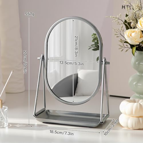 Small Vanity Makeup Mirror Desk Mirror with Storage Tray Silver - color: Oval-silver