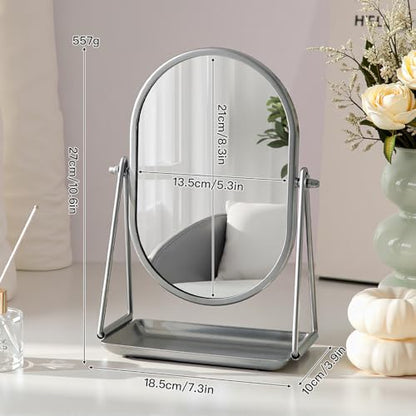 Small Vanity Makeup Mirror Desk Mirror with Storage Tray Silver - color: Oval-silver