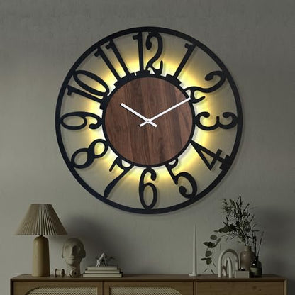 30" Silent Large Wall Clock – Glow Night Light, Battery Operated - color: Black Walnut - Arabic Numerals, size: 30 inch