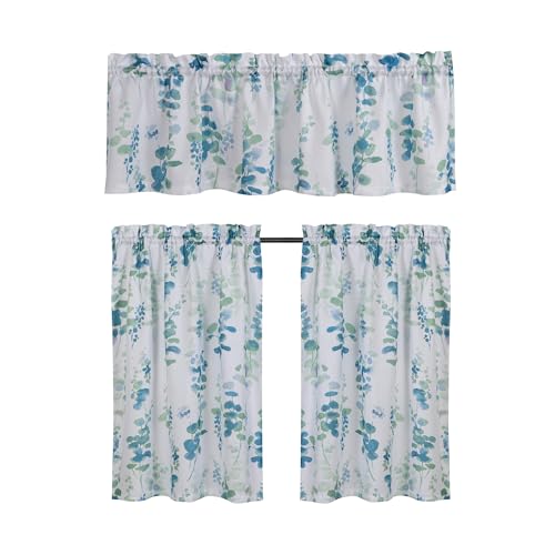 Regal Home Collections Kitchen Tiers & Window Valance Curtains Set - 54"x36" Rod Pocket Cafe Tier & Curtain Valances for Windows - Light Filtering Fabric, Floral White/Blue - color: Adela/Blue