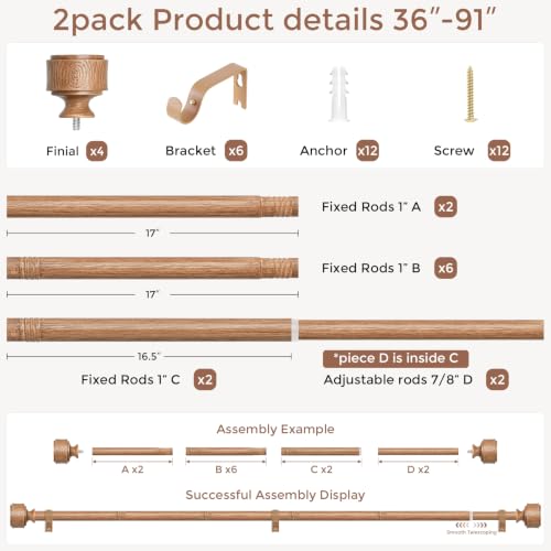 2 Pack Wood Curtain Rod 36-91 Inch, Boho Faux Wood Drapery Rods - color: Wood, size: 36"-91" (2 Pack)