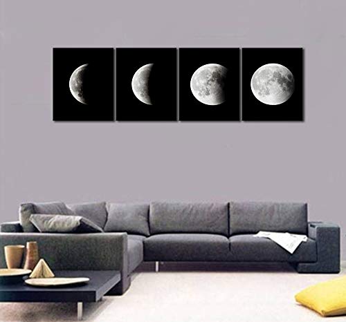Wieco Art Large Black White Moon Canvas Print, Modern Abstract Space Sky Wall Art, Gallery Wrapped Artwork Ready to Hang for Living Room Bedroom Home Office Decor - size: 20x24inchx4pcs (50x60cmx4pcs)